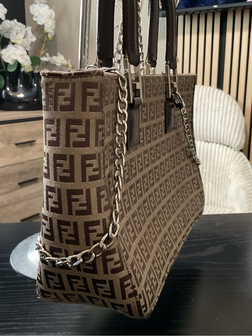 Fendi Brown FF Logo Canvas Satchel with Chain Strap - Picture 3 of 12